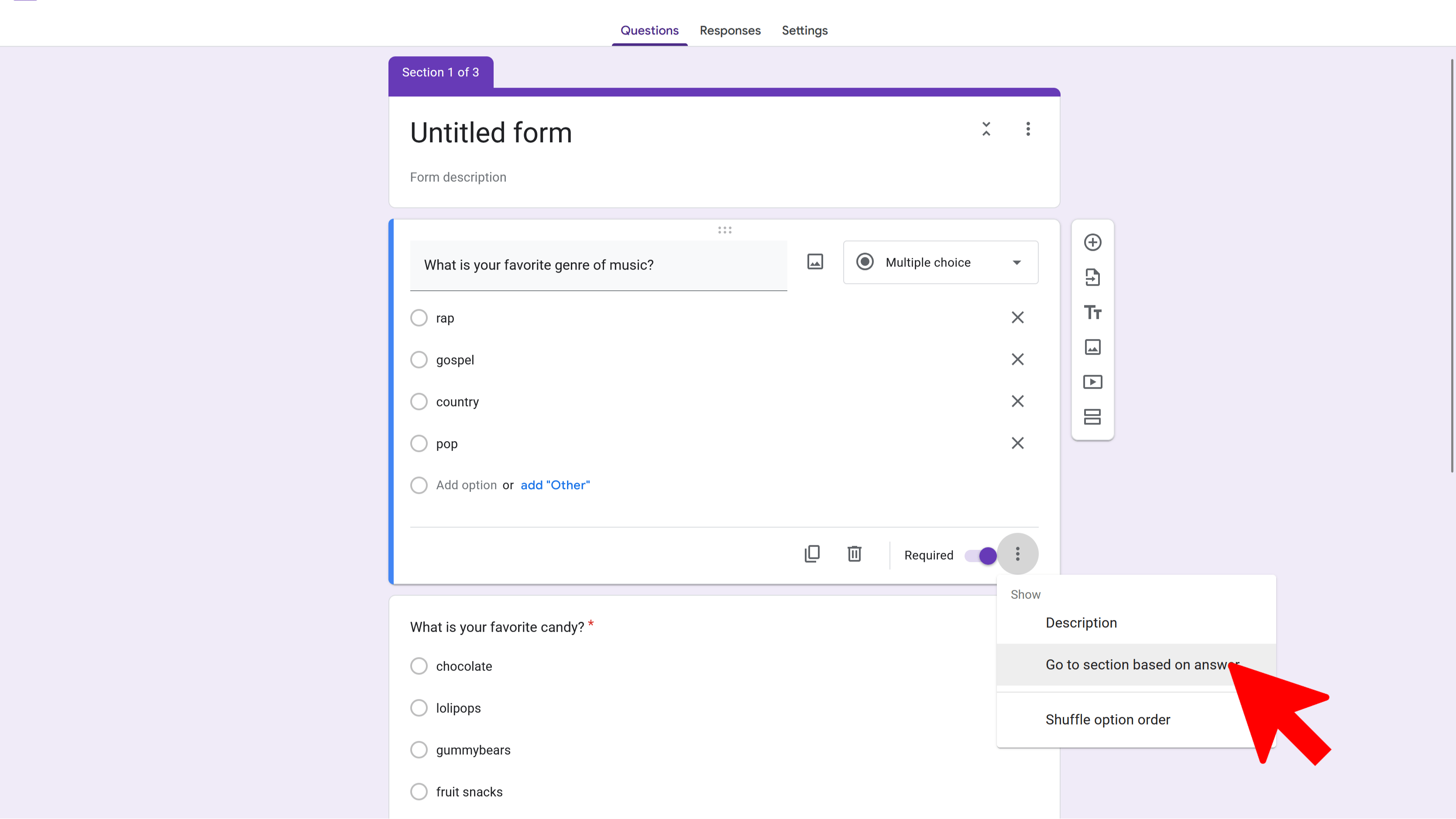 Selecting go to section based on answer