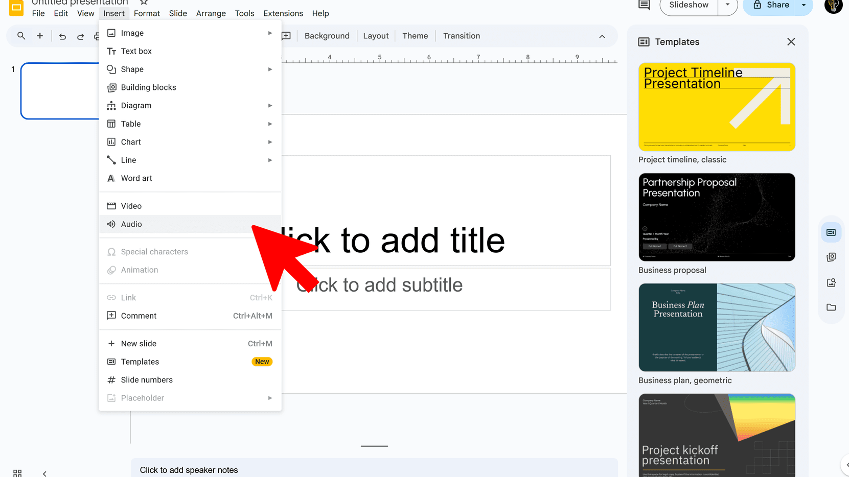 Select Insert Audio in Google Slides
