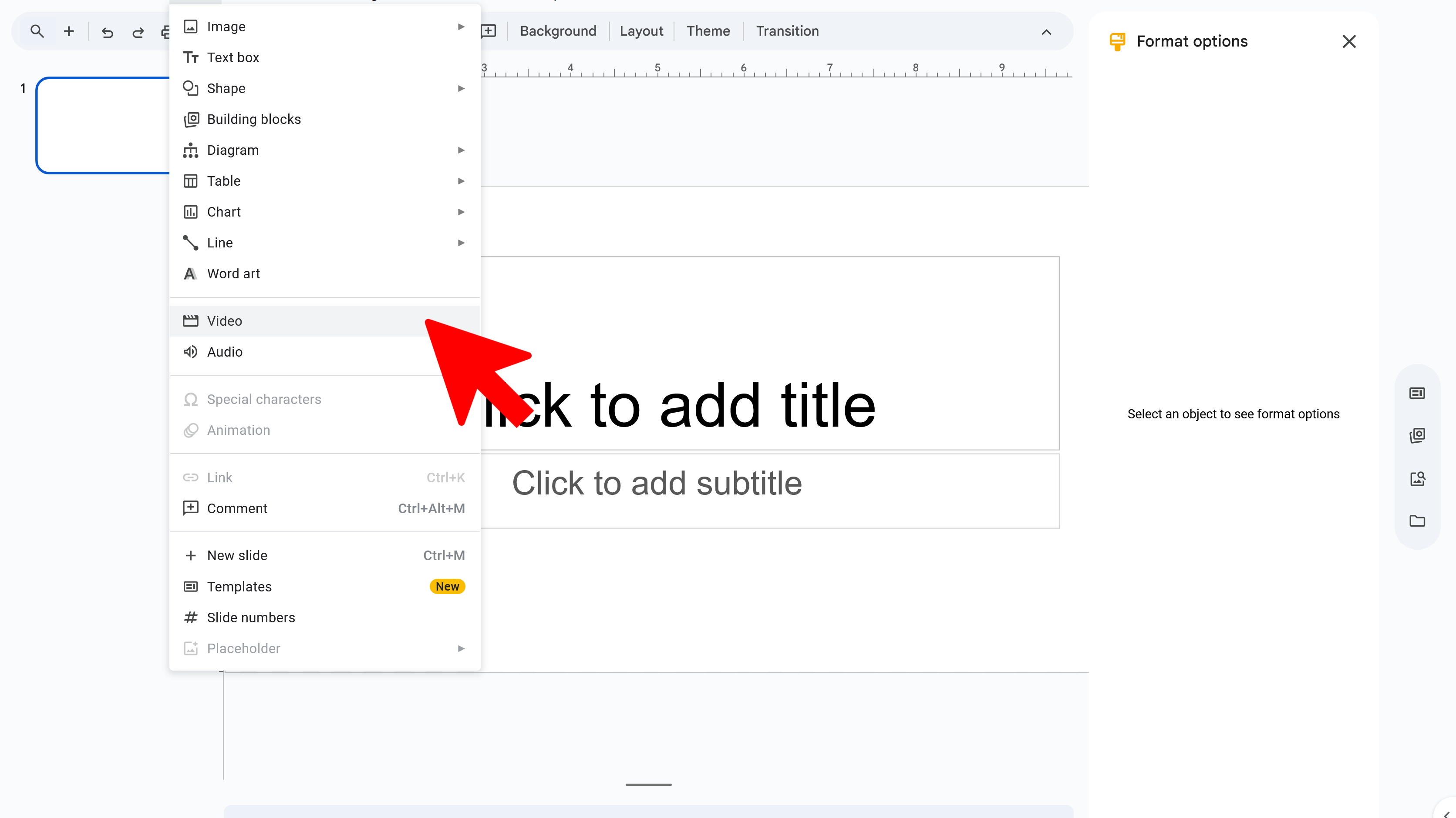Select Insert Video in Google Slides