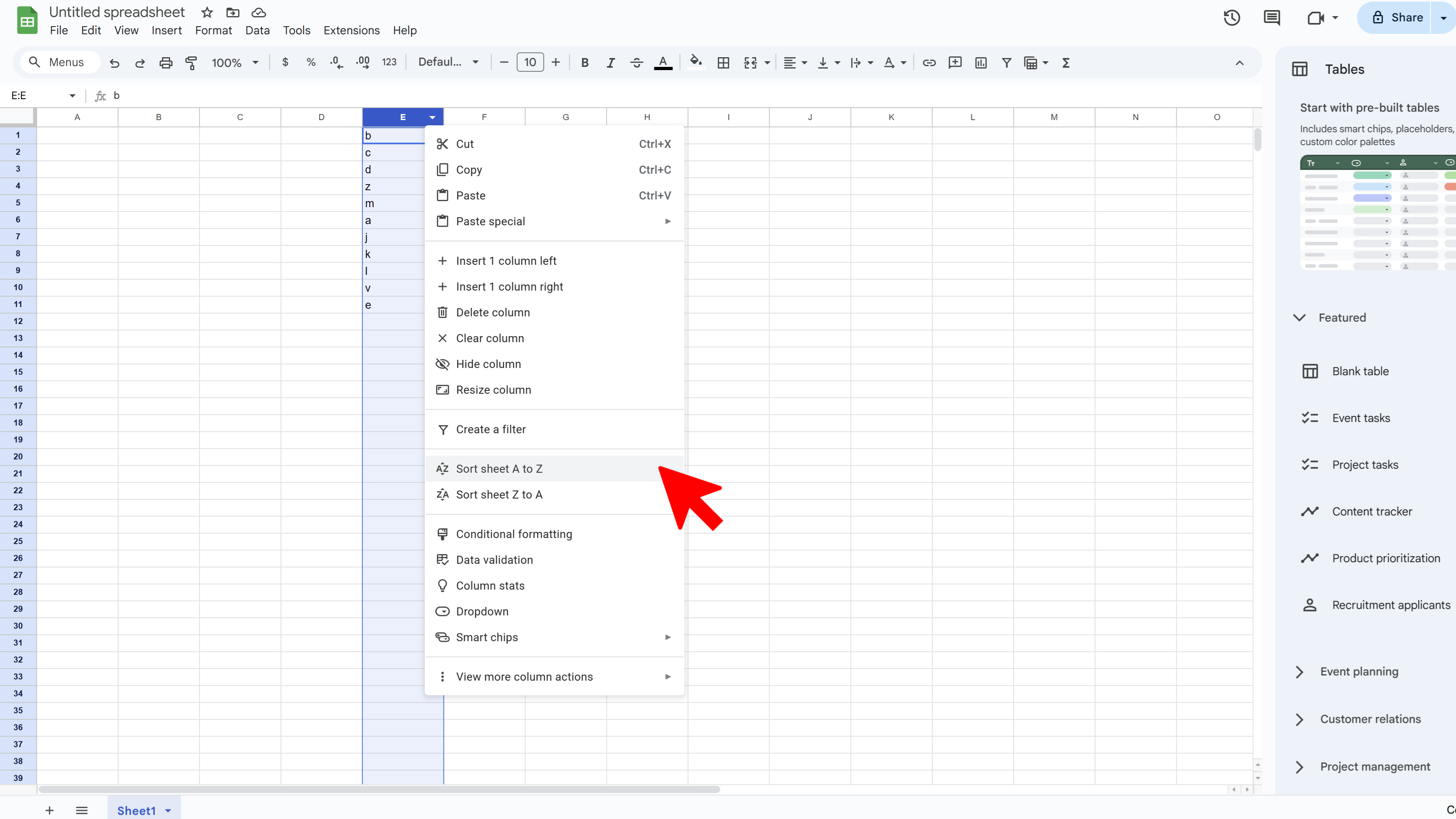 Selecting Sort Alphabetically in Google Sheets
