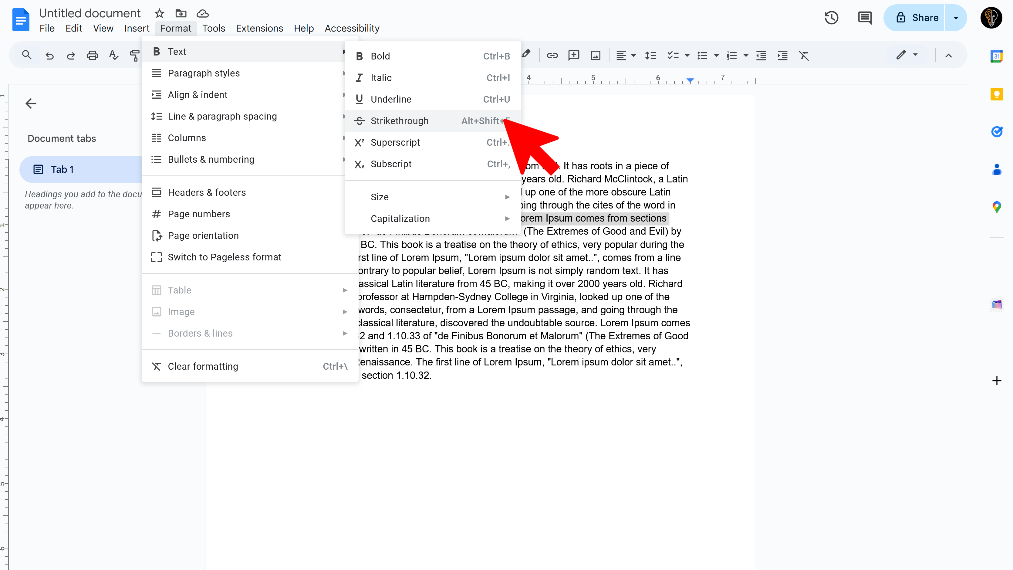 Select Strikethrough in Google Docs