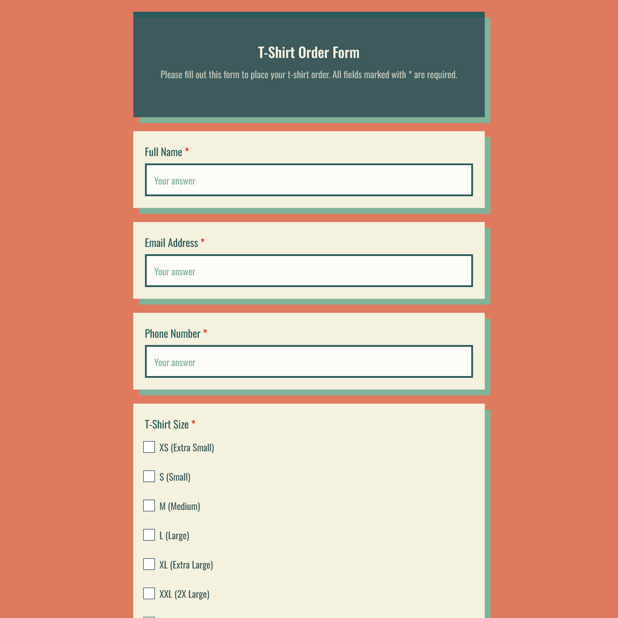BeeForm t-shirt order form template example